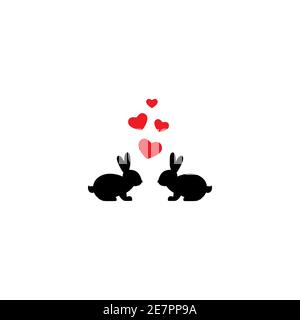 due coniglietti carini neri con cuori. Amore, romantico, icona amour. Conigli coppia. Vettore illustrazione isolato su bianco. San Valentino Illustrazione Vettoriale
