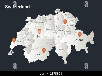 Mappa Svizzera, Infografica design piano colori bianco neve, con nomi di singole regioni vettore Illustrazione Vettoriale