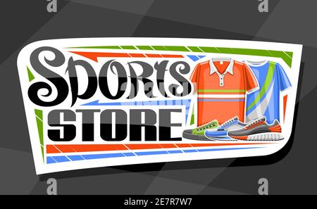 Logo Vector per Sports Store, cartellone decorativo bianco per negozio di articoli sportivi con illustrazione di scarpe e abiti moderni per lo stile di vita di attività Illustrazione Vettoriale