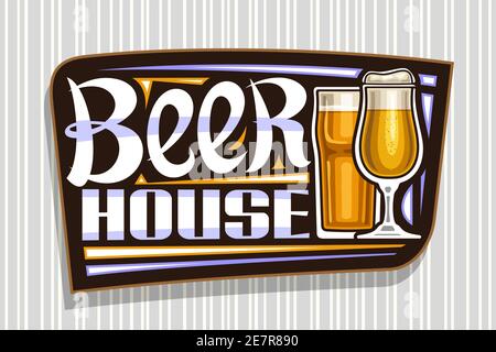 Logo vettoriale per Beer House, cartellone decorativo scuro con illustrazione di bicchiere di birra pieno con schiuma e highball dorato, scritta a pennello unica per Illustrazione Vettoriale