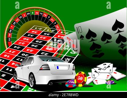 Roulette tavolo ed elementi del casino e immagine della berlina dell'automobile. illustrazione 3d Illustrazione Vettoriale