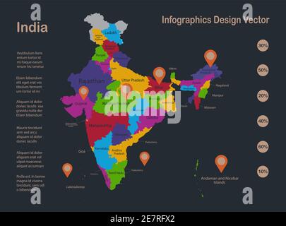 Infografica Mappa India, colori a disegno piatto, con nomi di divisione amministrativa individuale, sfondo blu con vettore di punti arancioni Illustrazione Vettoriale