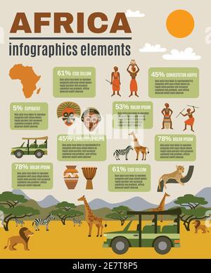 Africa infografica insieme con animali persone e turismo flat vettore illustrazione Illustrazione Vettoriale