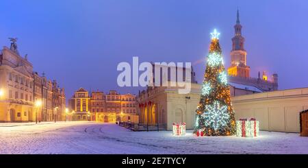 Panorama del Municipio di Poznan e albero di Natale in Piazza del mercato Vecchio nella città vecchia nella notte innevata, Poznan, Polonia Foto Stock