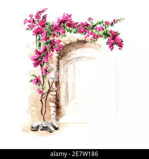 Architettura antica del Mediterraneo, Africa del Nord. Fiori di bougainvillea. Illustrazione di acquerello disegnata a mano isolata su sfondo bianco Foto Stock