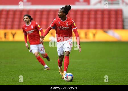 NOTTINGHAM, INGHILTERRA. 30 GENNAIO Gaetan Bong (13) di Nottingham Forest in azione durante lo Sky Bet Championship match tra Nottingham Forest e Barnsley al City Ground di Nottingham sabato 30 gennaio 2021. (Credit: Jon Hobley | MI News) Credit: MI News & Sport /Alamy Live News Foto Stock