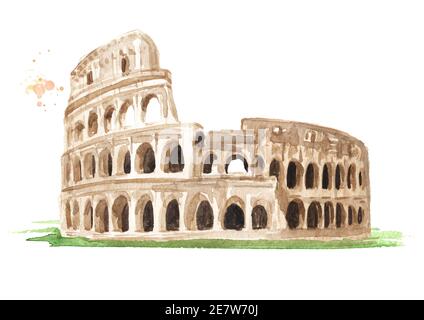 Colosseo romano a Roma, punto di riferimento italiano. Illustrazione di acquerello disegnata a mano isolata su sfondo bianco Foto Stock