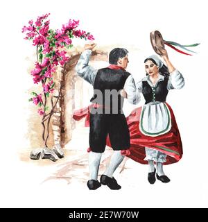 Balli folcloristici italiani. Un paio di ballerini in costumi nazionali. Illustrazione di acquerello disegnata a mano isolata su sfondo bianco Foto Stock