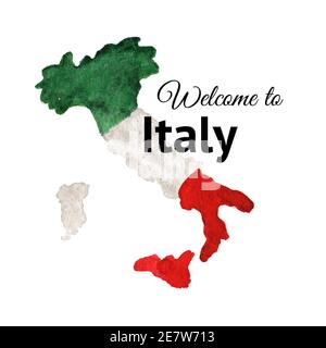 Welcome to Italy card. Illustrazione di acquerello disegnata a mano isolata su sfondo bianco Foto Stock