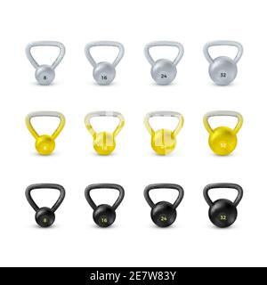 Set di kettlebell nero realistico. Attrezzature per bodybuilding e allenamento. Illustrazione vettoriale Illustrazione Vettoriale