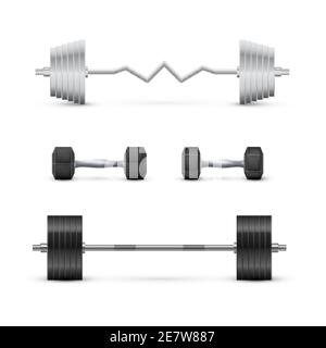 Set di manubri e barbells. Attrezzature fitness e bodybuilding. Vettore Illustrazione Vettoriale
