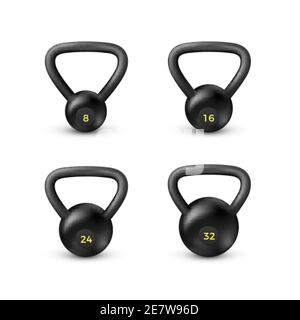 Set di kettlebell nero realistico. Attrezzature per bodybuilding e allenamento. Vettore Illustrazione Vettoriale