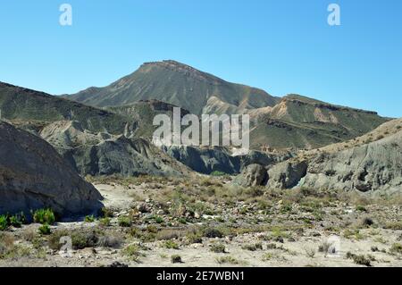 The Tabernas Desert is in the Spanish province of Almería. It is the driest region of Europe and the continent's only true desert climate. Stock Photo