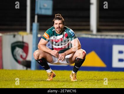 Leicester Tigers ala Kobus Van Wyk durante una partita di rugby Union del 7° round della Gallagher Premiership, venerdì 29 gennaio 2021, a Leicester, Regno Unito. (St Foto Stock