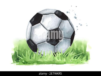 Calcio palla di calcio sull'erba verde. Illustrazione di acquerello disegnata a mano, isolata su sfondo bianco Foto Stock