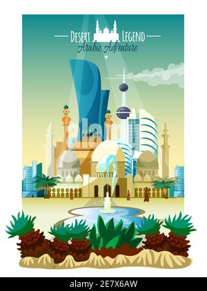 Poster arabo con monumenti storici ed edifici moderni fontana e piante subtropicali piatto illustrazione vettoriale Illustrazione Vettoriale