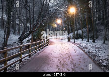 Sentiero invernale nel Parco di St Columb a Derry coperto da una leggera polvere di neve. Foto Stock