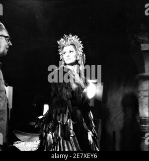 URSULA ANDRESS come Ayesha sul set candid con il cinematografo HARRY WAXMAN durante le riprese di LEI 1965 regista ROBERT DAY basato sul romanzo di H. Rider Haggard costume Carl Toms Hammer Films / Warner - Pathe Distributori Foto Stock