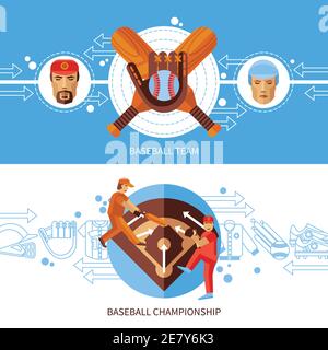 Striscioni orizzontali per baseball con simboli di squadra e campionato piatti illustrazione vettoriale isolata Illustrazione Vettoriale
