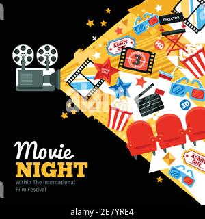 Poster del festival internazionale del cinema con le stelle dei biglietti e i simboli delle riprese illustrazione vettoriale piatta Illustrazione Vettoriale