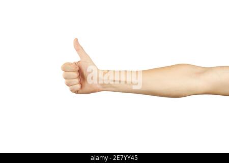 la persona mostra i pollici verso l'alto segno isolato su uno sfondo bianco. concetto di gesto ok. spazio per il testo Foto Stock