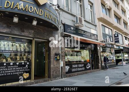 Negozi di gioielli a Koningin Astridplein, Queen Astrid Square ad Anversa, Belgio Foto Stock