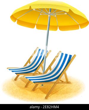 Beach resort estivo con sedie a sdraio e ombrello vettore cartoon illustrazione Illustrazione Vettoriale
