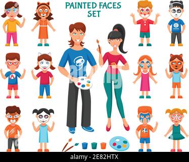 Set di icone di pittura facciale per bambini. Illustrazione di BodyART Paint Vector. Set decorativo pittura faccia. Set di design Greasepaint for Children. Facce verniciate Illustrazione Vettoriale