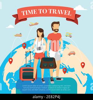 Tempo di viaggiare poster piatto con i turisti in piedi con coppia bagaglio e mondo sfondo globo illustrazione vettoriale astratta Illustrazione Vettoriale
