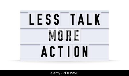 MENO PARLARE PIÙ AZIONE. Testo visualizzato su una casella di luce vintage della scheda delle lettere. Illustrazione vettoriale. Illustrazione Vettoriale