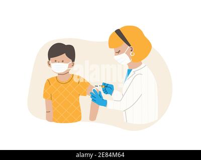 Il medico o l'infermiere inietta il vaccino. Il paziente è un bambino o un adolescente, un ragazzo. Concetto di vaccinazione antinfluenzale. Vaccino del coronavirus. Immagine piatta vettoriale EPS 10. Illustrazione Vettoriale