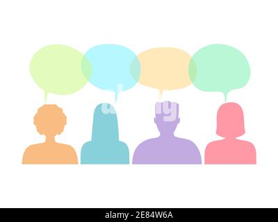 Le persone con bolle vocali creano icone di silhouette. Corpo maschile e femminile con colorata bolla di espressione vettore illustrazione isolato su bianco. Illustrazione Vettoriale