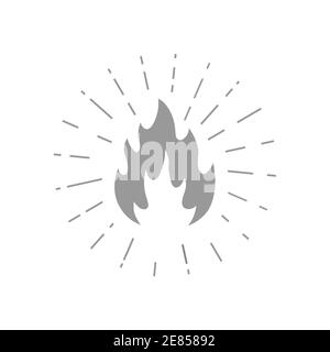 Fuoco fiamma con sunburst. Cartello campeggio con fuoco. Illustrazione vettore natura vacanza. Illustrazione Vettoriale
