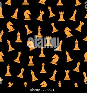 Motivo nero senza giunture con sfondo oro icone scacchi. Concetto di gioco intelligente. Illustrazione vettoriale. Illustrazione Vettoriale