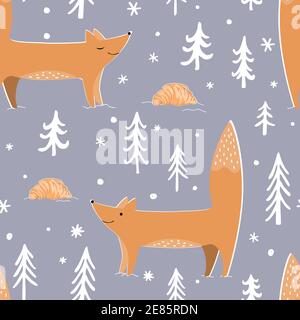 Carine volpi, foresta invernale e croissant. Tessuto morbido e ripetuto, stampa infantile per tessuto e carta da imballaggio per bambini. Modello vettoriale senza giunture con wild Illustrazione Vettoriale