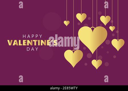 Modello per le vacanze del giorno di San Valentino con cuori dorati appesi e spazio per la copia di testo su sfondo viola. Illustrazione vettoriale in stile piatto Illustrazione Vettoriale
