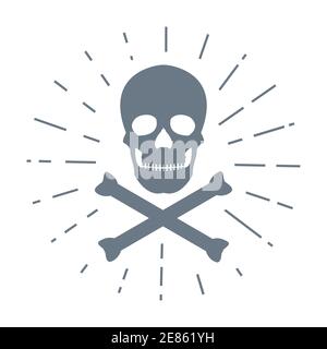Icona cranio con ossa incrociate. Simbolo crossbone con sunburst. Immagine vettoriale della stampa del segno di morte isolata in bianco. Illustrazione Vettoriale