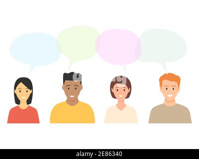 Comunicazione di persone diverse. Giovani uomini e donne con bolle di parole. Concetto di discussione. Illustrazione del vettore di conversazione umana. Illustrazione Vettoriale