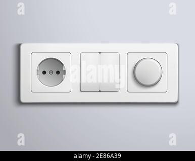 Pannello in plastica bianco realistico con connettore femmina e singolo rotondo e. interruttori rettangolari doppi sull'illustrazione vettoriale a parete grigia Illustrazione Vettoriale
