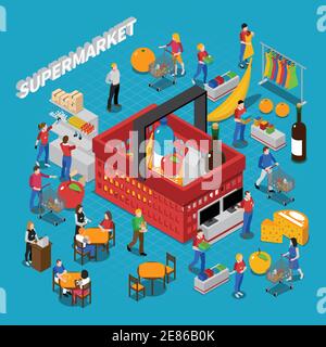 Composizione concettuale isometrica del supermercato con illustrazione vettoriale di persone e cestini Illustrazione Vettoriale