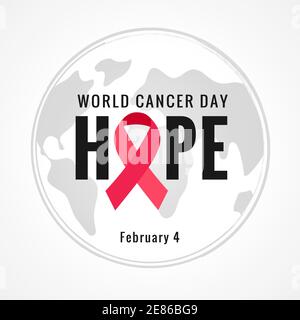 World Cancer Day, banner di concetto con scritta Hope. Illustrazione di testo vettoriale per il 4 febbraio della giornata mondiale del cancro con nastro e testo sul globo Illustrazione Vettoriale