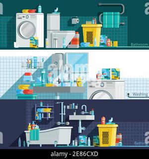 Icone igieniche striscioni orizzontali piatti con bagno interno articoli da toeletta lavaggio illustrazione vettoriale del cestello del bucato della macchina Illustrazione Vettoriale
