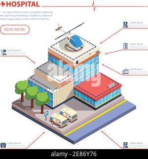 Edificio ospedaliero con ingresso parcheggio ambulanza e vettore isometrico elicottero illustrazione Illustrazione Vettoriale