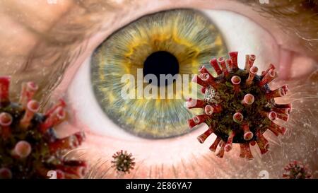 Influenza coronavirus fluttuante su occhio verde maschile, colori all'interno dell'iride e pupilla macro colpo ciglia. Riprese macro ravvicinate estreme della m umana Foto Stock