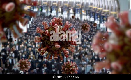 Il coronavirus influenzale galleggia sopra la gente alla stazione di Shinagawa del Giappone. I passeggeri giapponesi che viaggiano per lavoro camminano. Pandemia di infezione da virus Covid19 Foto Stock