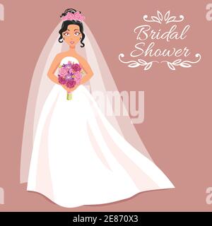 Doccia nuziale cartone animato invito con bella sposa giovane in bianco abito e velo su sfondo rosa che tiene bouquet di rose illustrazione vettoriale Illustrazione Vettoriale