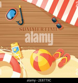Attrezzatura da spiaggia con sabbia e simboli del tempo estivo vettore piano illustrazione Illustrazione Vettoriale