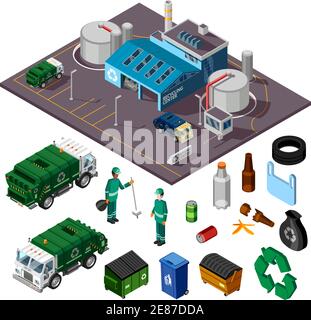 Concetto di progettazione isometrica del centro di riciclaggio con pulitori per rifiuti per carrelli e. elementi per la raccolta e l'ordinamento dell'illustrazione del vettore di cestino Illustrazione Vettoriale