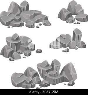 Gruppi di disegno di rocce e massi di pietre di colore grigio immagine vettoriale isolata su sfondo bianco Illustrazione Vettoriale