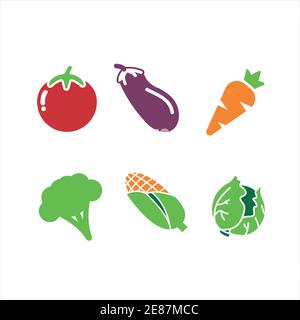 impostare pomodoro vegetale, carote, cavolo, broccoli, melanzane e il logo vettoriale del mais e l'illustrazione Illustrazione Vettoriale